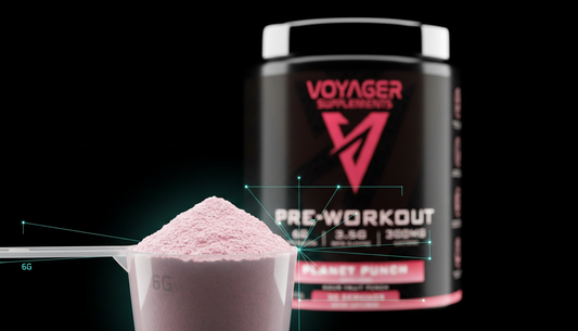 Voyager Planet Punch pre-workout and light pink powder editorial visual